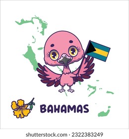 National animal flamingo holding the flag of Bahamas. National flower yellow elder displayed on bottom left