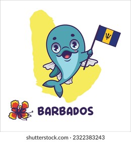 National animal flying fish holding the flag of Barbados. National flower dwarf poinciana displayed on bottom left