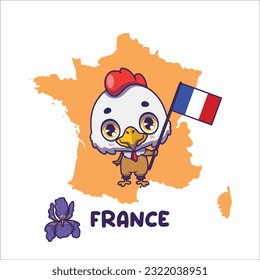 National animal gallic rooster holding the flag of France. National flower iris displayed on bottom left