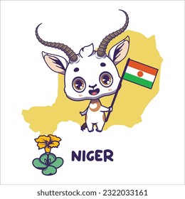 National animal gazelle holding the flag of Niger. National flower costus spectabilis displayed on bottom left