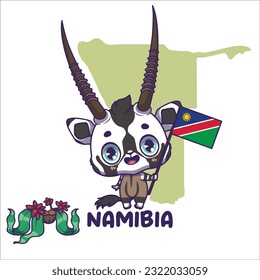 National animal gemsbok oryx gazelle holding the flag of Namibia. National flower welwitschia displayed on bottom left