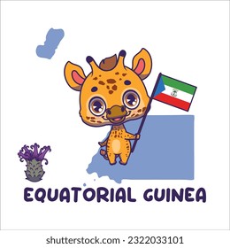 National animal giraffe holding the flag of Equatorial Guinea. National flower vernonia djalonensis displayed on bottom left