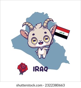 National animal goat holding the flag of Iraq. National flower rose displayed on bottom left