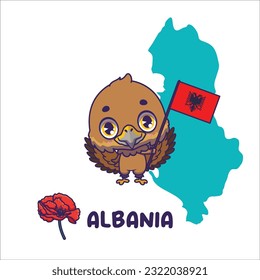 National animal golden eagle holding the flag of Albania. National flower poppy displayed on bottom left