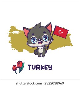 National animal grey wold holding the flag of Turkey. National flower tulip displayed on bottom left