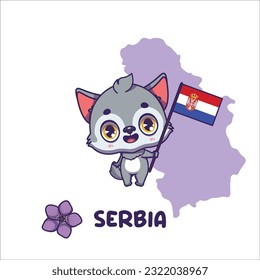 National animal grey wolf holding the flag of Serbia. National flower ramonda serbica displayed on bottom left