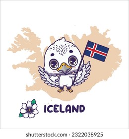 National animal gyrfalcon holding the flag of Iceland. National flower mountain avens displayed on bottom left