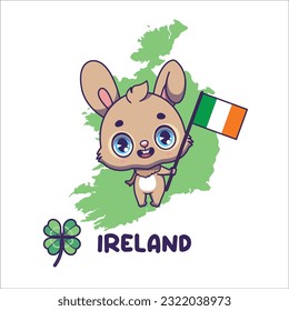 National animal hare holding the flag of Ireland. National flower shamrock displayed on bottom left