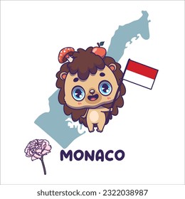 National animal hedgehog holding the flag of Monaco. National flower carnation displayed on bottom left