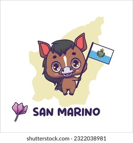 National animal horse holding the flag of San Marino. National flower cyclamen displayed on bottom left