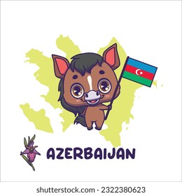 National animal horse holding the flag of Azerbaijan. National flower ophrys caucasica displayed on bottom left