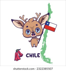 National animal huemul deer holding the flag of Chile. National flower lapageria displayed on bottom left