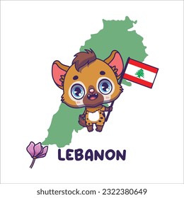 National animal hyena holding the flag of Lebanon. National flower cyclamen displayed on bottom left