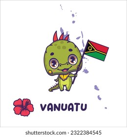 National animal iguana holding the flag of Vanuatu. National flower hibiscus displayed on bottom left