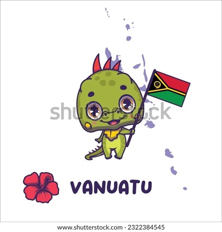 National animal iguana holding the flag of Vanuatu. National flower hibiscus displayed on bottom left