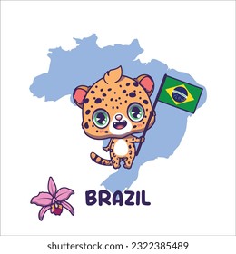 National animal jaguar holding the flag of Brazil. National flower orchid displayed on bottom left