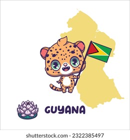 National animal jaguar holding the flag of Guyana. National flower giant water lily displayed on bottom left