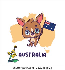 National animal kangaroo holding the flag of Australia. National flower golden wattle displayed on bottom left
