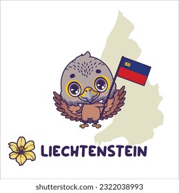 National animal kestrel holding the flag of Liechtenstein. National flower yellow lily displayed on bottom left