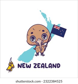 National animal kiwi holding the flag of New Zealand. National flower kowhai displayed on bottom left