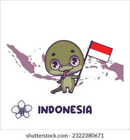 National animal komodo dragon holding the flag of Indonesia. National flower moon orchid displayed on bottom left