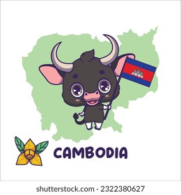 National animal kouprey holding the flag of Cambodia. National flower romduol displayed on bottom left