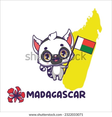 National animal lemur holding the flag of Madagascar. National flower poinciana displayed on bottom left