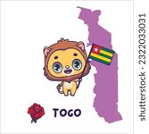 National animal lion holding the flag of Togo. National flower rose displayed on bottom left