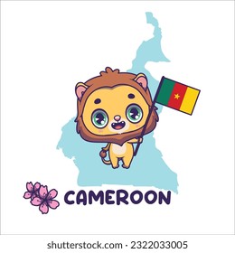 National animal lion holding the flag of Cameroon. National flower red stinkwood displayed on bottom left