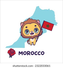 National animal lion holding the flag Morocco  National flower rose displayed bottom left