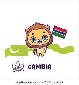 National animal lion holding the flag of Gambia. National flower white variety orchid displayed on bottom left