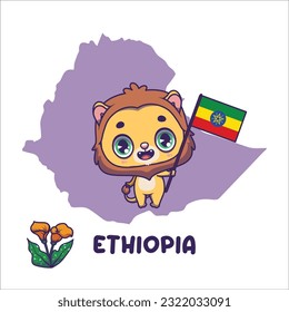 National animal lion holding the flag of Ethiopia. National flower calla lily displayed on bottom left