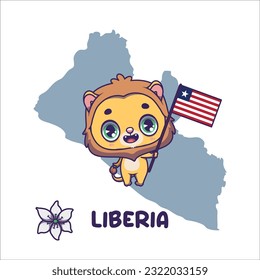 National animal lion holding the flag of Liberia. National flower pepperberry displayed on bottom left