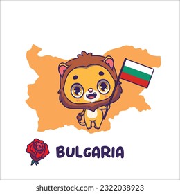 National animal lion holding the flag Bulgaria  National flower red rose displayed bottom left