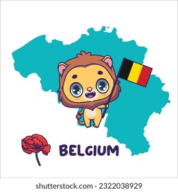 National animal lion holding the flag of Belgium. National flower poppy displayed on bottom left