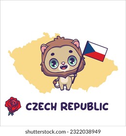 National animal lion holding the flag Czech Republic  National flower rose displayed bottom left