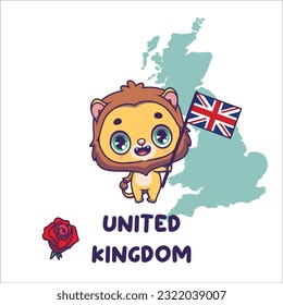 National animal lion holding the flag United Kingdom  National flower rose displayed bottom left