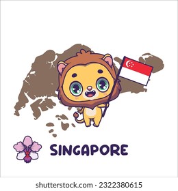 National animal lion holding the flag of Singapore. National flower Vanda Miss Joaqim displayed on bottom left