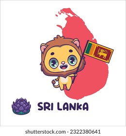 National animal lion holding the flag of Sri Lanka. National flower water lily displayed on bottom left