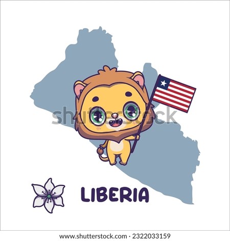 National animal lion holding the flag of Liberia. National flower pepperberry displayed on bottom left