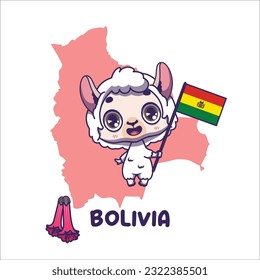 National animal llama holding the flag of Bolivia. National flower cantua buxifolia displayed on bottom left