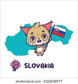 National animal lynx holding the flag of Slovakia. National flower pink rose displayed on bottom left