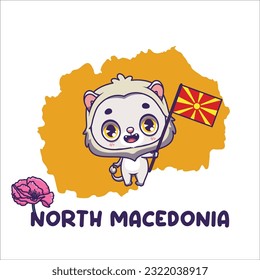 National animal macedonian lion holding the flag of North Macedonia. National flower poppy displayed on bottom left