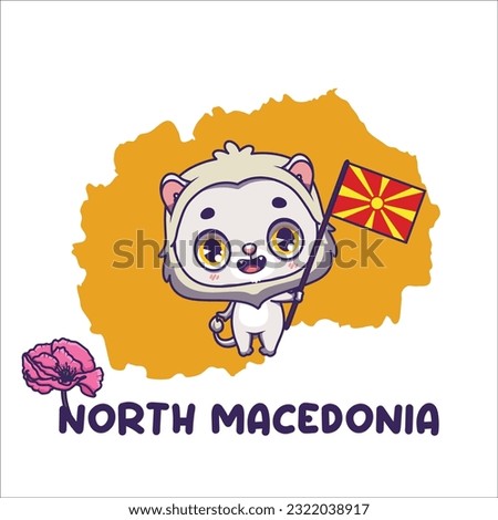 National animal macedonian lion holding the flag of North Macedonia. National flower poppy displayed on bottom left