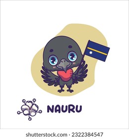 National animal magnificent frigate bird holding the flag of Nauru. National flower calophyllum displayed on bottom left