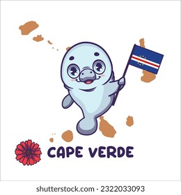 National animal manatee holding the flag of Cape Verde. National flower gerbera daisy displayed on bottom left