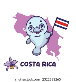 Manatí nacional de animales con la bandera de Costa Rica. Niña de campo morado de flores nacionales expuesta en la parte inferior izquierda