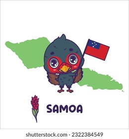 National animal manumea holding the flag of Samoa. National flower teuila torch ginger displayed on bottom left