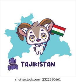 National animal Marco Polo sheep holding the flag of Tajikistan. National flower iris displayed on bottom left