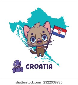 National animal marten holding the flag of Croatia. National flower iris displayed on bottom left